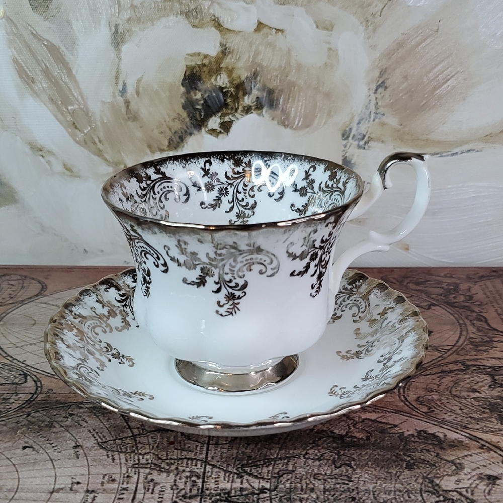 Royal Albert White and Silver Teacup and Saucer Set